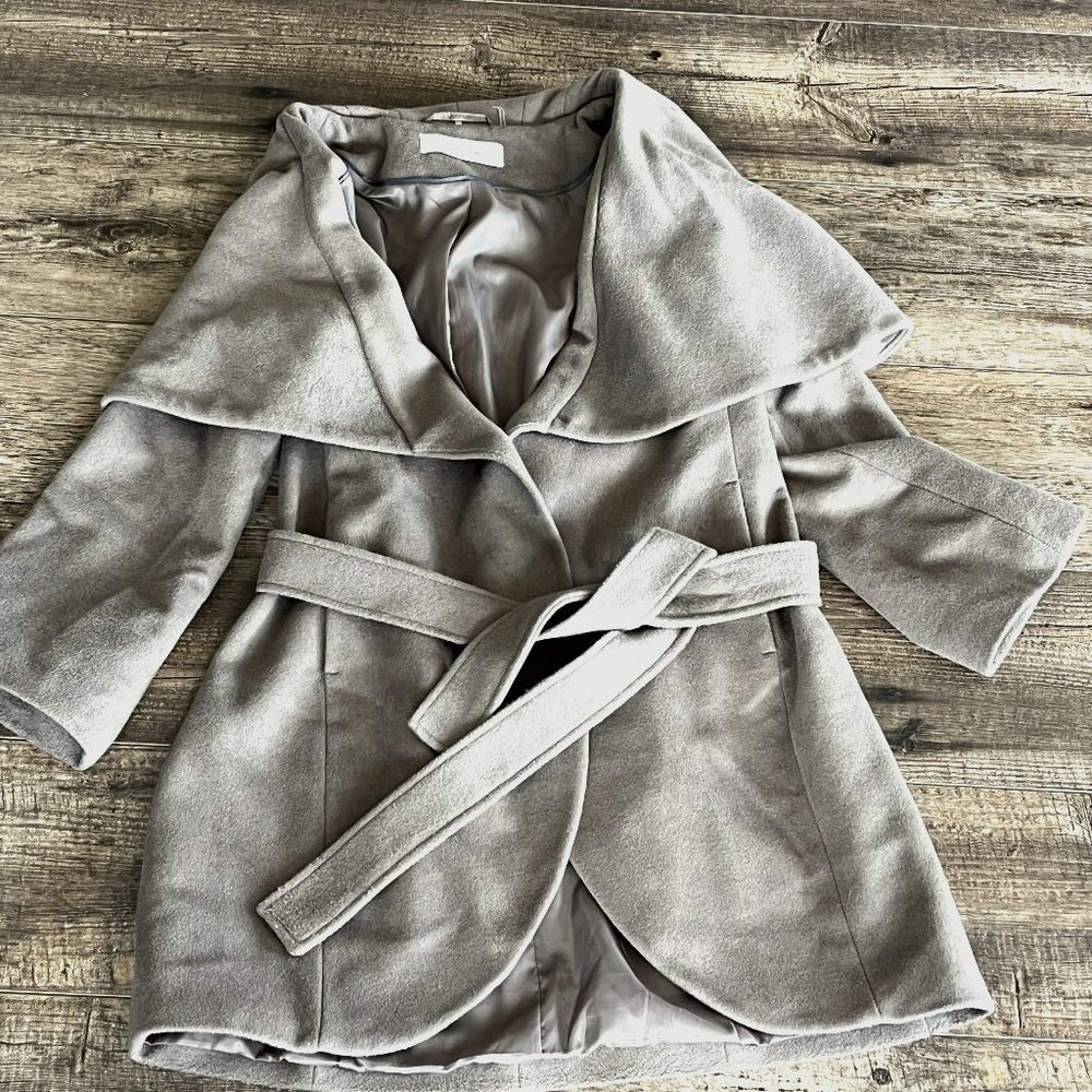 TAHARI $380 Womens Mink Wool Blend Shawl Collar Belted Wrap Jacket Coat L